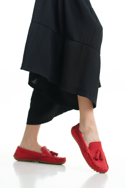 Mubiano 201-KR Hakiki Deri Püsküllü Oval Burunlu Kadın Kırmızı Babet & Loafer Ayakkabı - 3