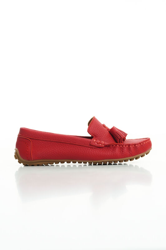 Mubiano 201-KR Hakiki Deri Püsküllü Oval Burunlu Kadın Kırmızı Babet & Loafer Ayakkabı - 4