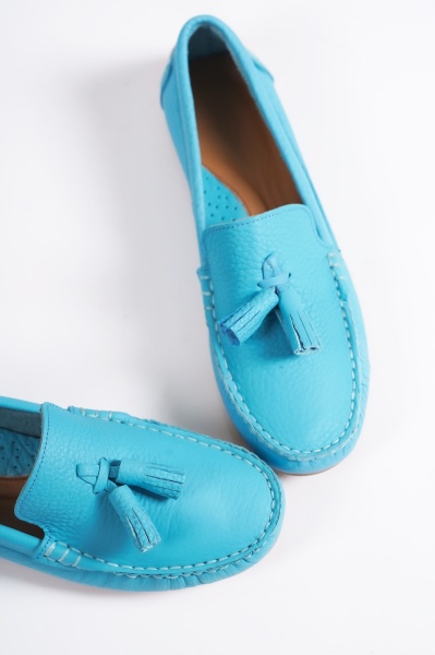 Mubiano 201-M Hakiki Deri Püsküllü Oval Burunlu Kadın Mavi Babet & Loafer Ayakkabı - 1