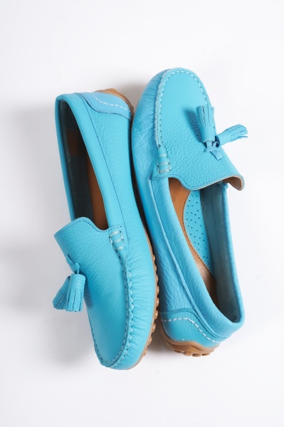 Mubiano 201-M Hakiki Deri Püsküllü Oval Burunlu Kadın Mavi Babet & Loafer Ayakkabı - 2