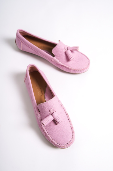 Mubiano 201-PMB Hakiki Deri Püsküllü Oval Burunlu Kadın Pembe Babet & Loafer Ayakkabı 