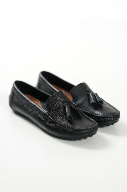 Mubiano 201-S Hakiki Deri Püsküllü Oval Burunlu Kadın Siyah Babet & Loafer Ayakkabı - 4