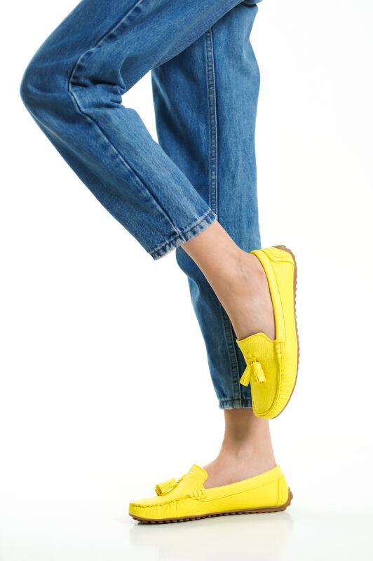 Mubiano 201-SR Hakiki Deri Püsküllü Oval Burunlu Kadın Sarı Babet & Loafer Ayakkabı - 2
