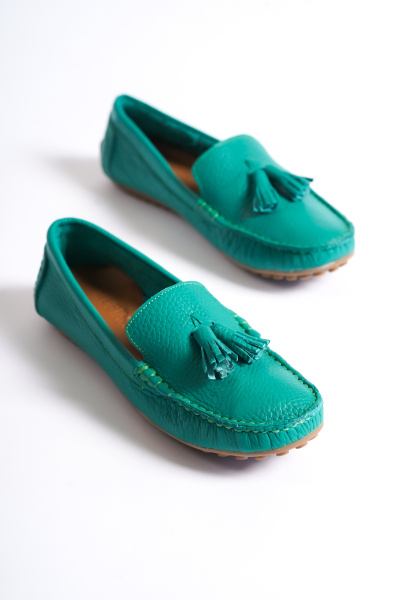 Mubiano 201-Y Hakiki Deri Püsküllü Oval Burunlu Kadın Yeşil Babet & Loafer Ayakkabı - 1
