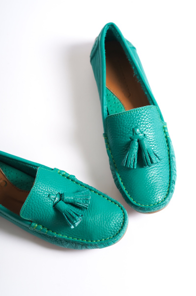 Mubiano 201-Y Hakiki Deri Püsküllü Oval Burunlu Kadın Yeşil Babet & Loafer Ayakkabı - 2