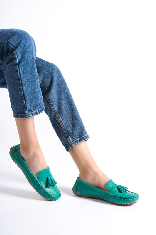 Mubiano 201-Y Hakiki Deri Püsküllü Oval Burunlu Kadın Yeşil Babet & Loafer Ayakkabı - 3