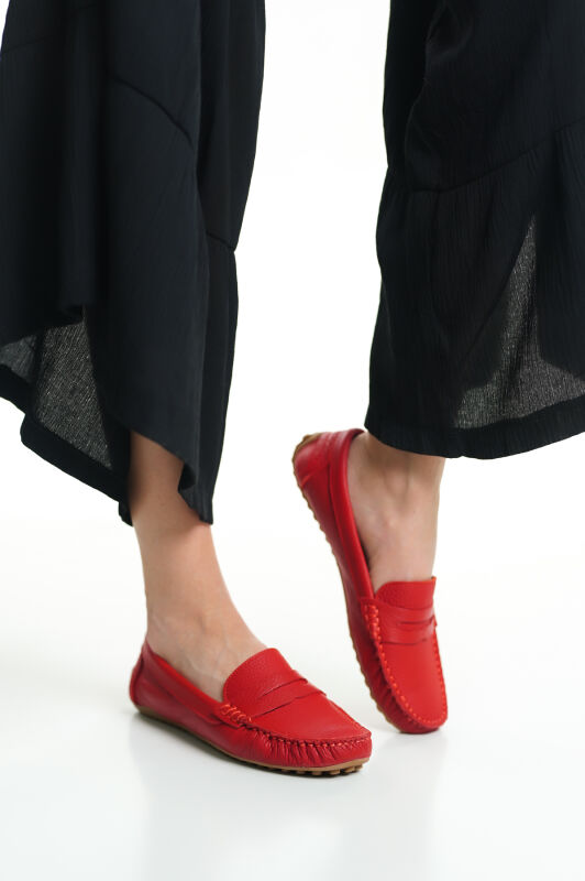 Mubiano 202-KR Hakiki Deri Oval Burunlu Kadın Kırmızı Babet & Loafer Ayakkabı - 2