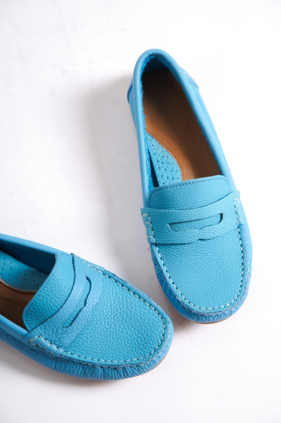 Mubiano 202-M Hakiki Deri Oval Burunlu Kadın Mavi Babet & Loafer Ayakkabı - 8