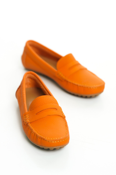 Mubiano 202-ORJ Hakiki Deri Oval Burunlu Kadın Turuncu Babet & Loafer Ayakkabı 