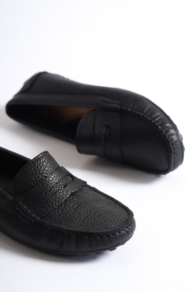 Mubiano 202-S Hakiki Deri Oval Burunlu Kadın Siyah Babet & Loafer Ayakkabı - 1