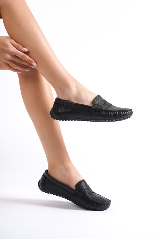 Mubiano 202-S Hakiki Deri Oval Burunlu Kadın Siyah Babet & Loafer Ayakkabı - 4