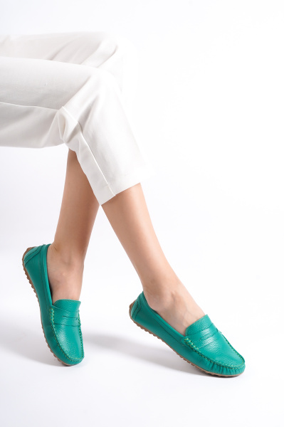 Mubiano 202-Y Hakiki Deri Oval Burunlu Kadın Yeşil Babet & Loafer Ayakkabı - 11