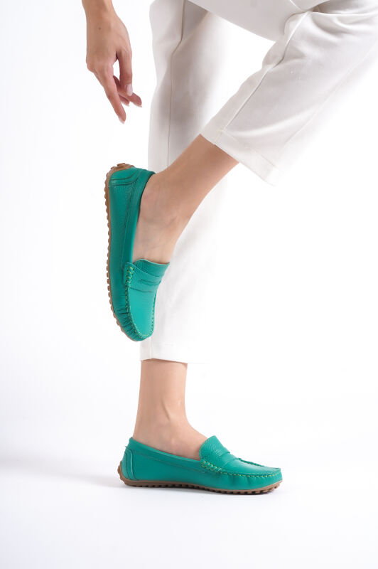 Mubiano 202-Y Hakiki Deri Oval Burunlu Kadın Yeşil Babet & Loafer Ayakkabı - 12