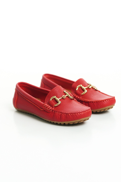 Mubiano 203-KR Hakiki Deri Oval Burunlu Toka Detay Kadın Kırmızı Babet & Loafer Ayakkabı - 1