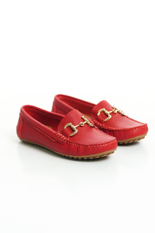 Mubiano 203-KR Hakiki Deri Oval Burunlu Toka Detay Kadın Kırmızı Babet & Loafer Ayakkabı - 1