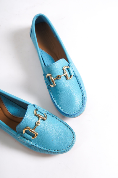 Mubiano 203-M Hakiki Deri Oval Burunlu Toka Detay Kadın Mavi Babet & Loafer Ayakkabı - 4