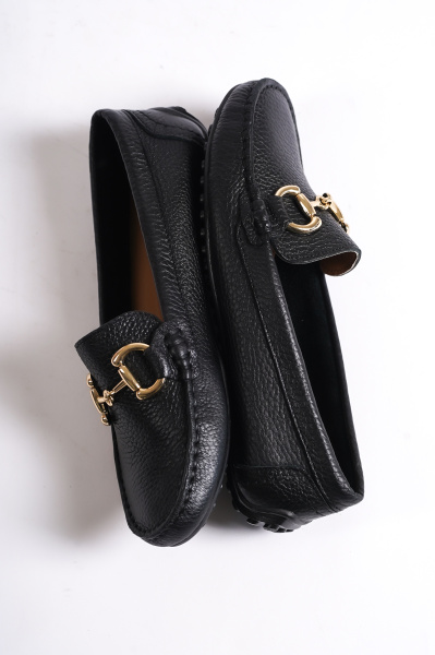Mubiano 203-S Hakiki Deri Oval Burunlu Toka Detay Kadın Siyah Babet & Loafer Ayakkabı 