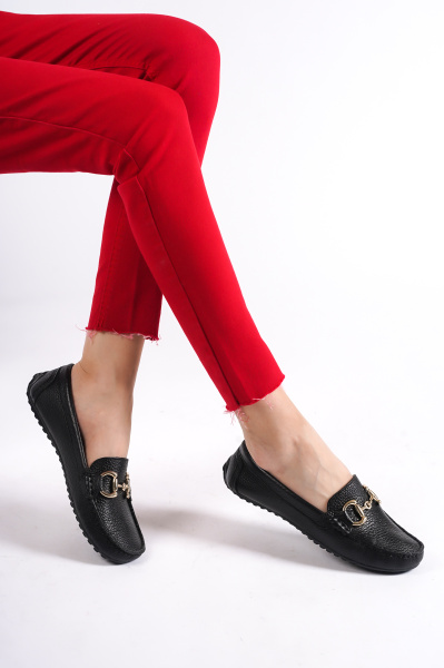 Mubiano 203-S Hakiki Deri Oval Burunlu Toka Detay Kadın Siyah Babet & Loafer Ayakkabı - 4