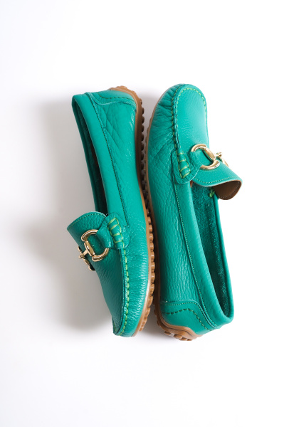 Mubiano 203-Y Hakiki Deri Oval Burunlu Toka Detay Kadın Yeşil Babet & Loafer Ayakkabı 