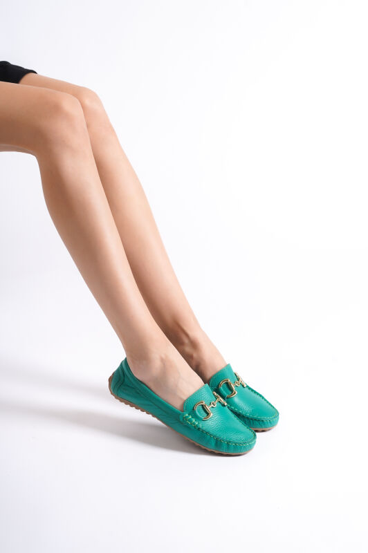 Mubiano 203-Y Hakiki Deri Oval Burunlu Toka Detay Kadın Yeşil Babet & Loafer Ayakkabı - 4