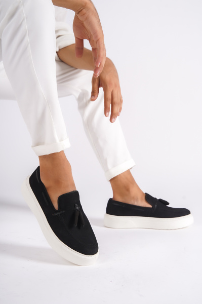 Mubiano 22106-S Hakiki Nubuk Deri Siyah Kalın Taban Püsküllü Erkek Loafer & Günlük Ayakkabı 