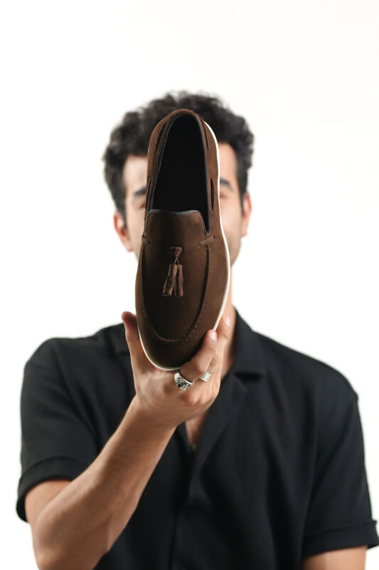Mubiano 22107-K Hakiki Nubuk Deri Kahverengi ince Taban Püsküllü Erkek Loafer & Günlük Ayakkabı - 5