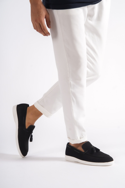 Mubiano 22107-S Hakiki Nubuk Deri Siyah ince Taban Püsküllü Erkek Loafer & Günlük Ayakkabı - 1
