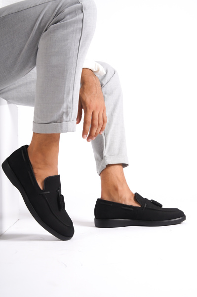 Mubiano 22107T-S Hakiki Nubuk Deri Siyah ince Taban Püsküllü Erkek Loafer & Günlük Ayakkabı - 1