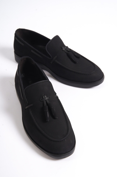 Mubiano 22107T-S Hakiki Nubuk Deri Siyah ince Taban Püsküllü Erkek Loafer & Günlük Ayakkabı - 2