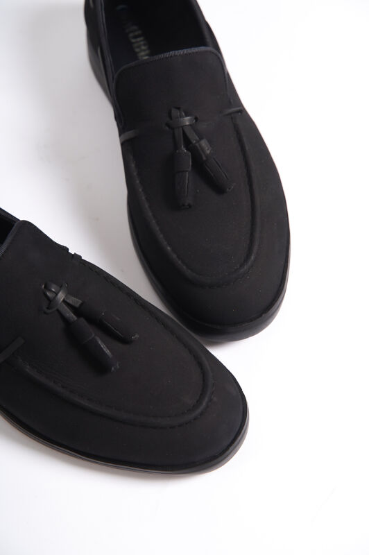 Mubiano 22107T-S Hakiki Nubuk Deri Siyah ince Taban Püsküllü Erkek Loafer & Günlük Ayakkabı - 3