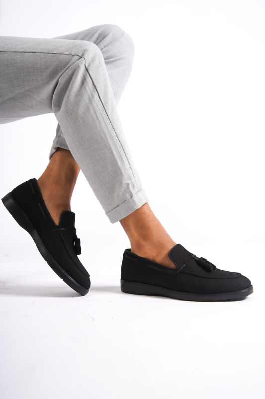 Mubiano 22107T-S Hakiki Nubuk Deri Siyah ince Taban Püsküllü Erkek Loafer & Günlük Ayakkabı - 4