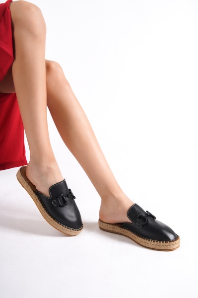 Mubiano 23084-S Hakiki Deri Siyah Toka Detay Kadın Espadril Sandalet & Terlik 