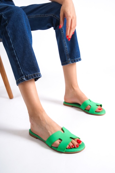 Mubiano 654-Y Hakiki Deri Kadın Yeşil Espadril Sandalet & Terlik - 2