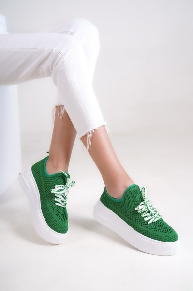 Mubiano H- 101-Y Triko Örme Kumaş Oval Burunlu Bağcık Detay Kadın Yeşil Yüksek Taban Babet & Loafer Ayakkabı 