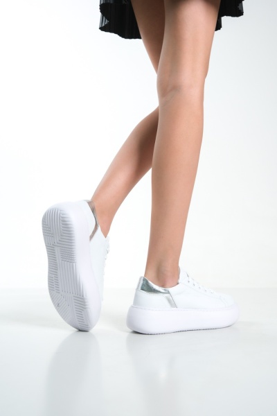 Mubiano MB6303-BG Kadın Kalın Taban Beyaz/Gümüş Hakiki Deri Sneaker & Spor Ayakkabı - 6