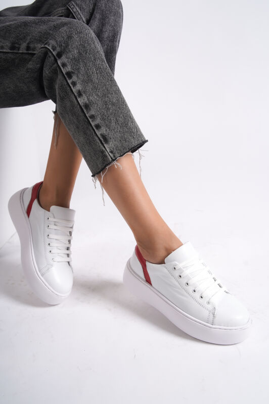 Mubiano MB6303-BK Kadın Kalın Taban Kırmızı Beyaz Hakiki Deri Sneaker & Spor Ayakkabı - 1