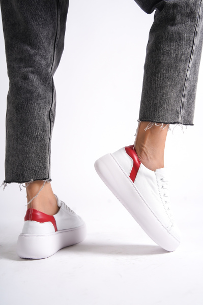 Mubiano MB6303-BK Kadın Kalın Taban Kırmızı Beyaz Hakiki Deri Sneaker & Spor Ayakkabı - 3