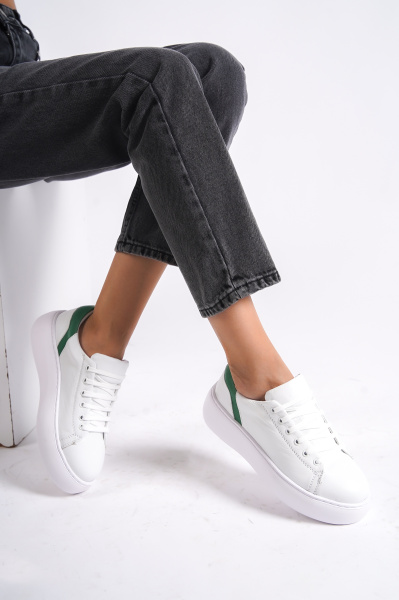 Mubiano MB6303-BY Kadın Kalın Taban Beyaz Yeşil Hakiki Deri Sneaker & Spor Ayakkabı 