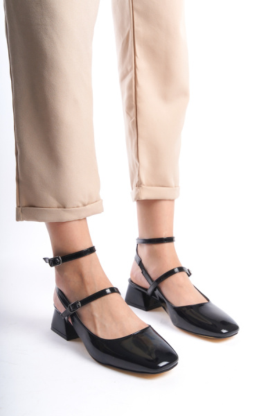 Mubiano MBBRZ404-S Kadın Mary Jane Küt Burunlu Blok Kısa Topuklu Siyah Rugan Ayakkabı - 1