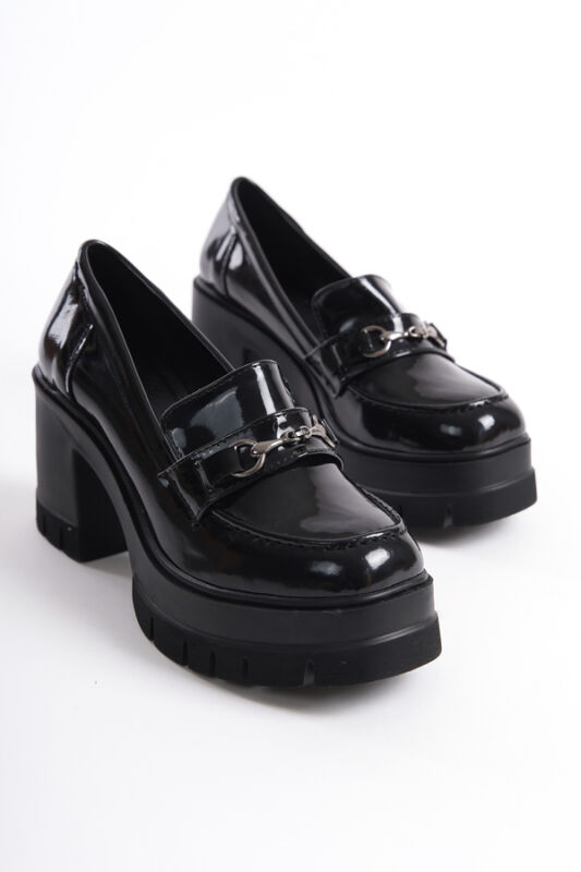 Mubiano MBERR604-S Kadın Kalın Topuklu Rugan Toka Detay Siyah Kolej Topuklu Ayakkabı - 1