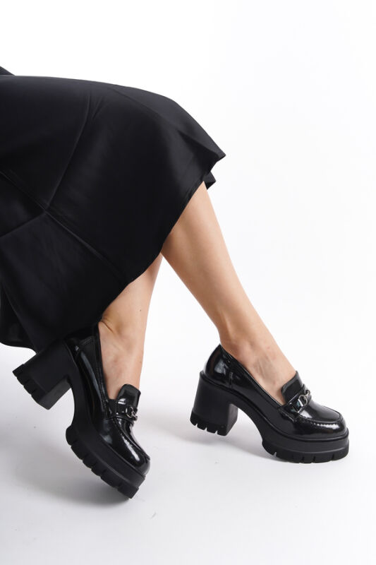 Mubiano MBERR604-S Kadın Kalın Topuklu Rugan Toka Detay Siyah Kolej Topuklu Ayakkabı - 2