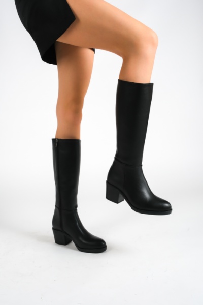 Mubiano MBHSN7072-S Kadın Siyah Kalın Topuklu Fermuarlı Uzun Çizme 